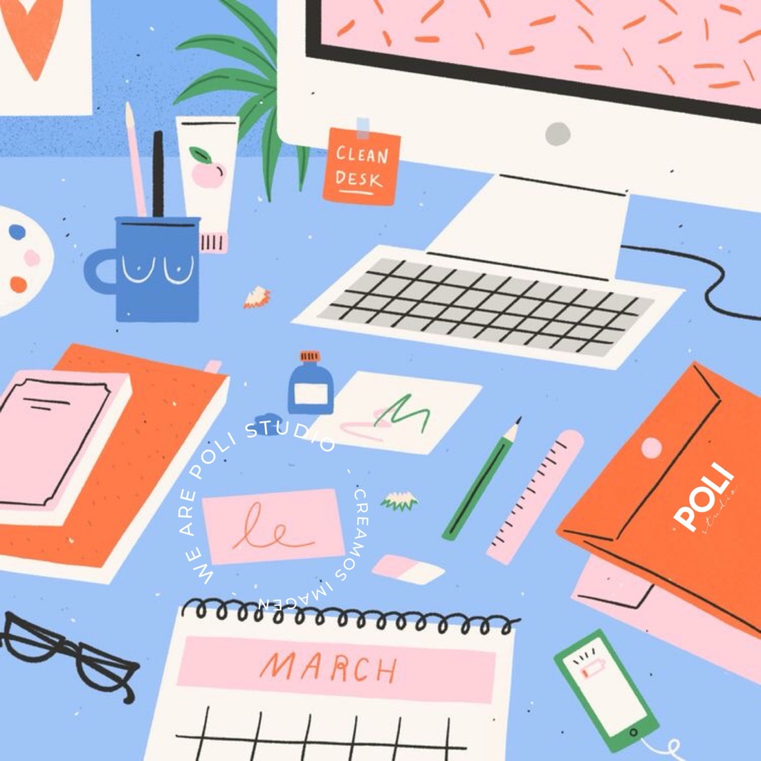 Ilustración del escritorio de POLI studio con computadora, cuadernos y lápices
