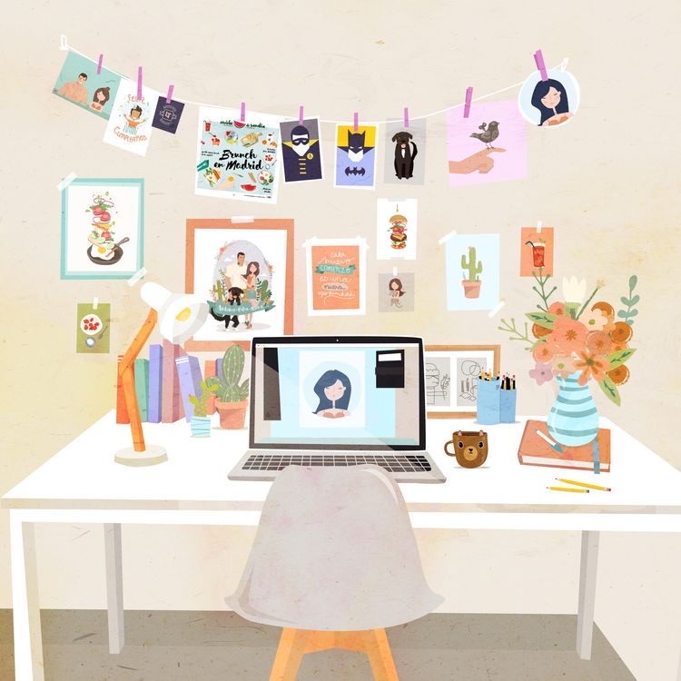 Ilustración de un escritorio de diseño con tarjetas e ilustraciones colgadas