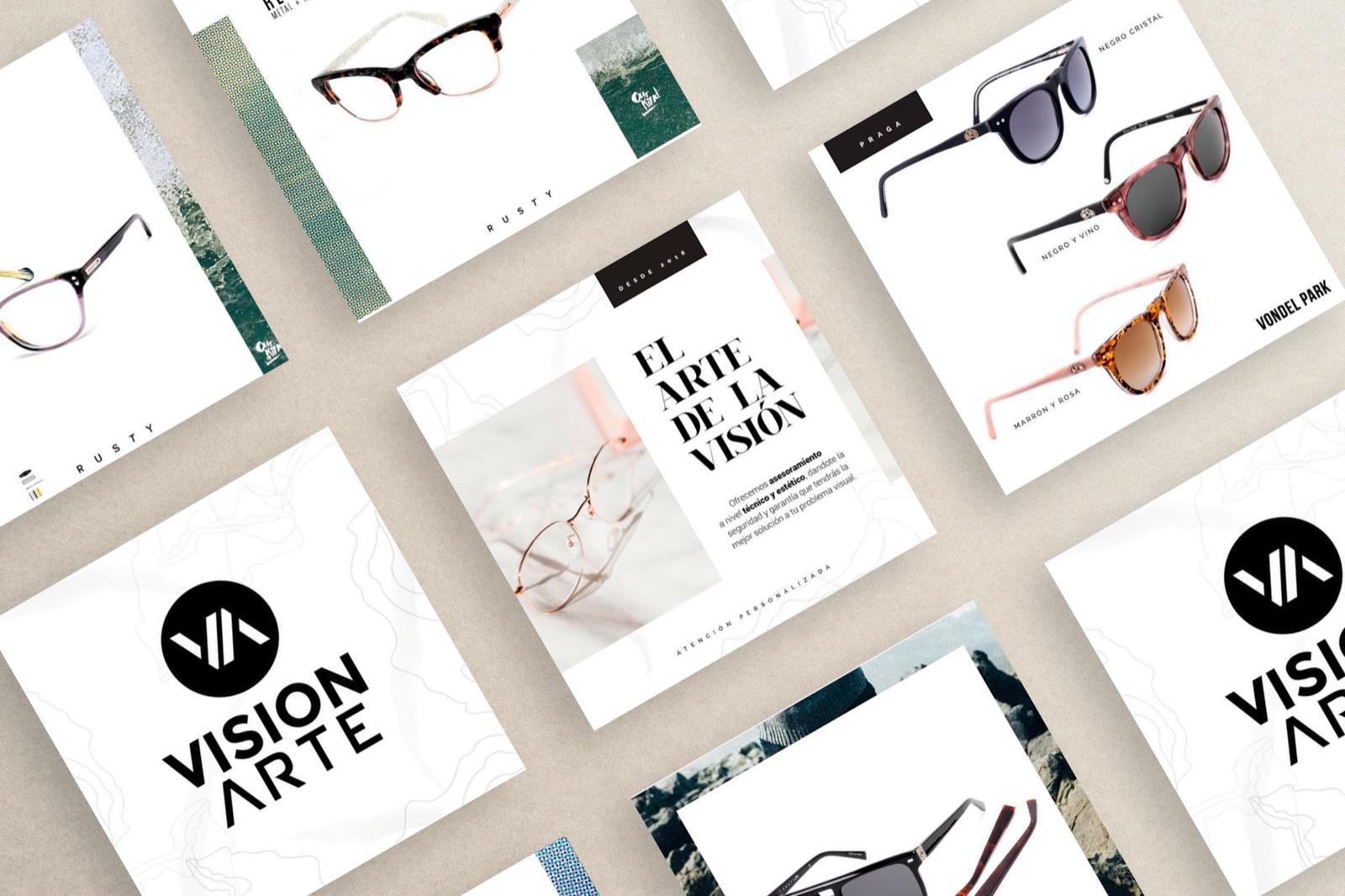 Piezas de identidad de Vision Arte, óptica