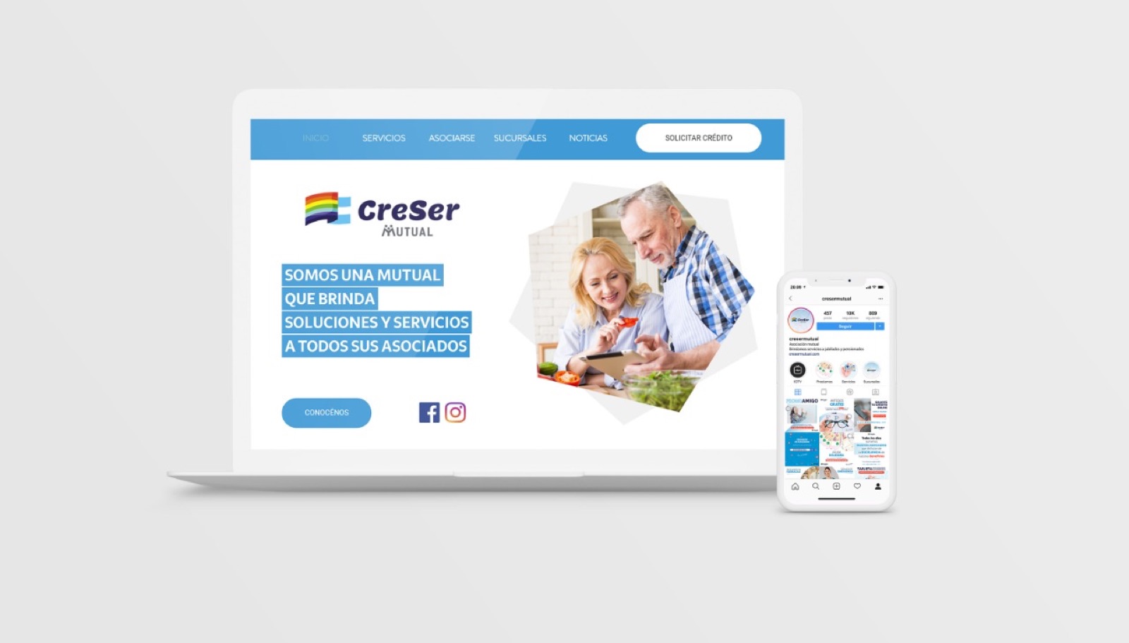 Sitio web de CreSer Mutual en notebook y celular